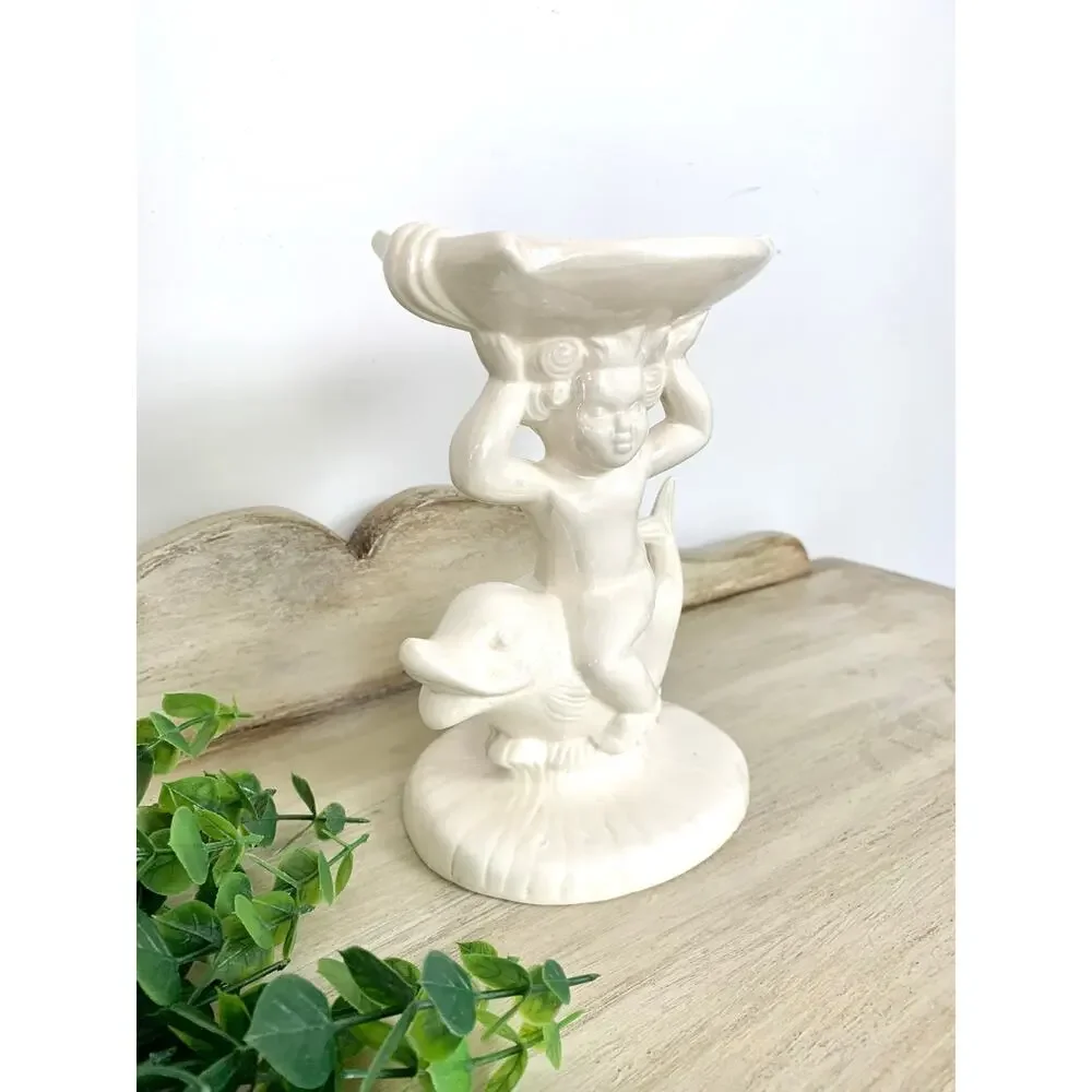 Vintage Cherub Dolphin Shell Compote Pedestal Bowl Pearlized Ceramic Coastal